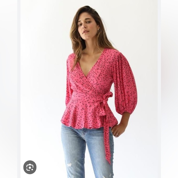 🩷GANNI Barra Hot Pink Crepe Wrap Balloon Sleeve Blouse Size EU 34 / US 2 - Picture 2 of 11